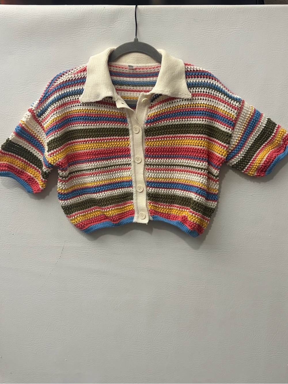 Source Unknown Multicolor Striped Crochet Crop Polo